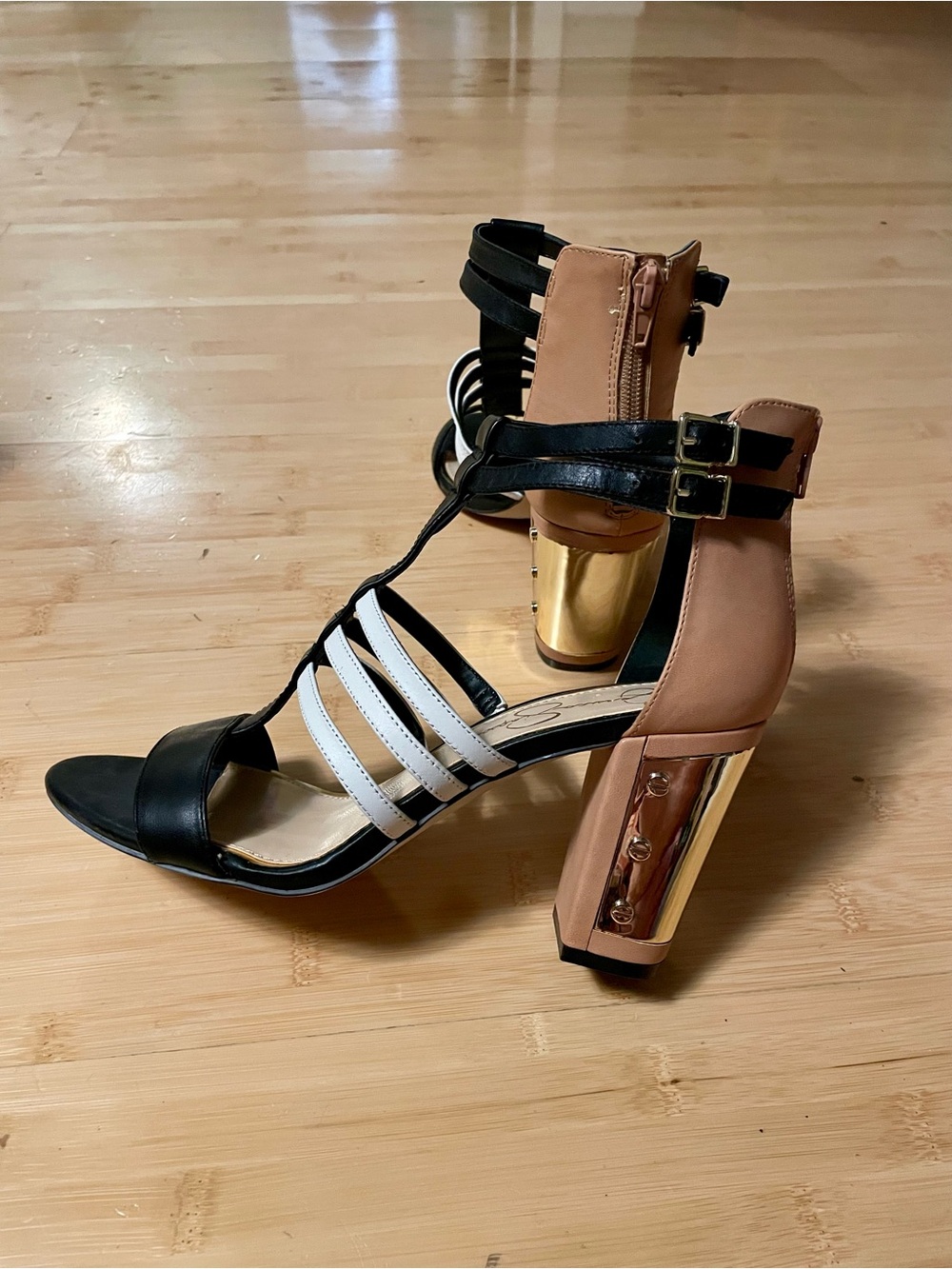 Jessica Simpson Black, White & Tan Strappy Block Heel Sandals